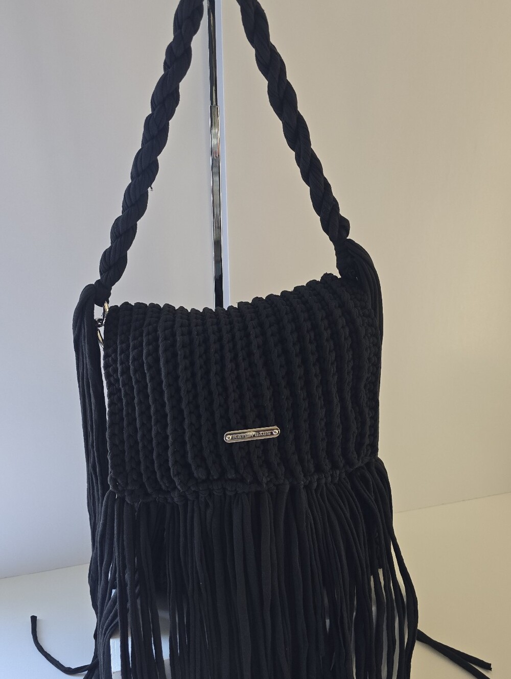 Black Fringed Crochet Shoulder Bag - Women
